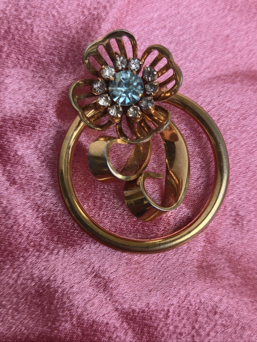 Gold-Tone Floral Ring Brooch with Blue Crystal Accent